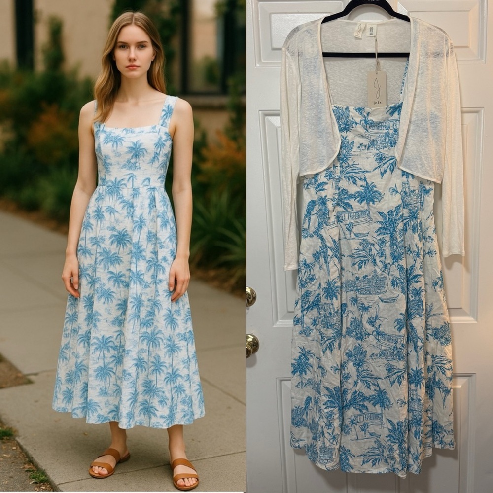 NWT JOIE Dress Shrug Set Blue White Palm-print Toile Linen Cotton Dress Size 12